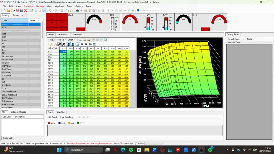 Logiciel Honda Tuning Suite affichant une cartographie 3D
